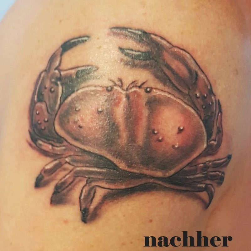 Cover-Up nachher: realistischer 3D-Krebs in Black and Grey